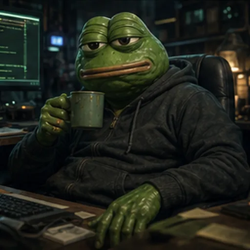 A toad in a hoodie with a coffee at his desk