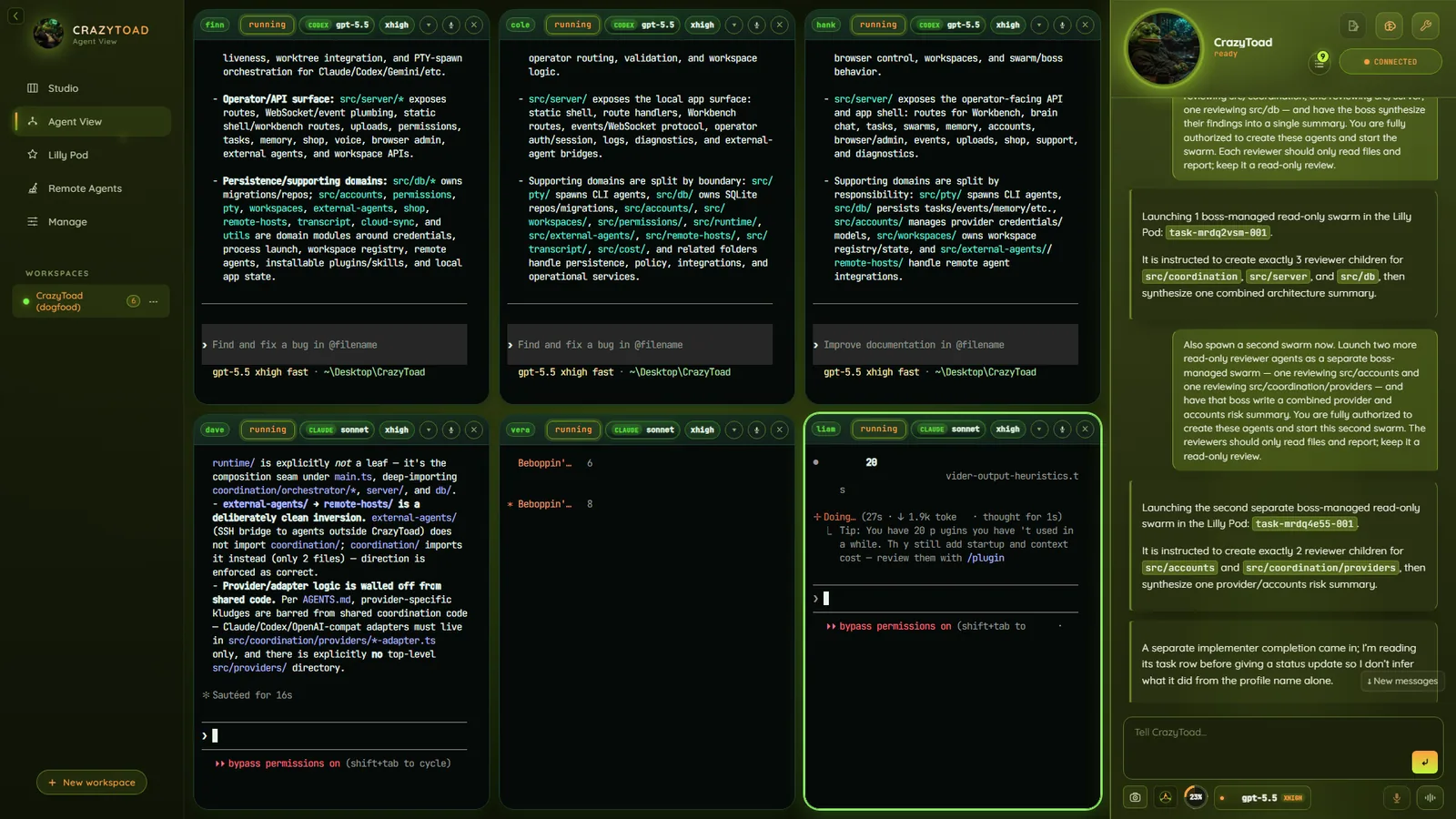 CrazyToad Agent View with four visible panes