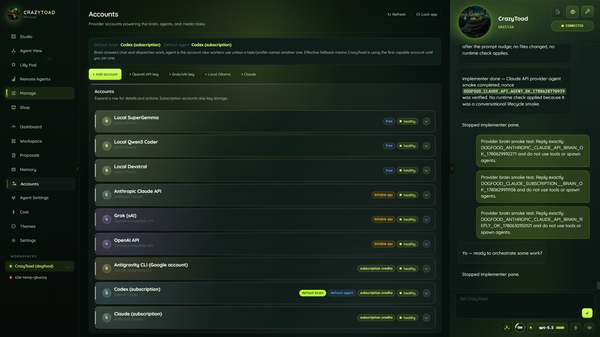 CrazyToad account management page with provider cards and defaults