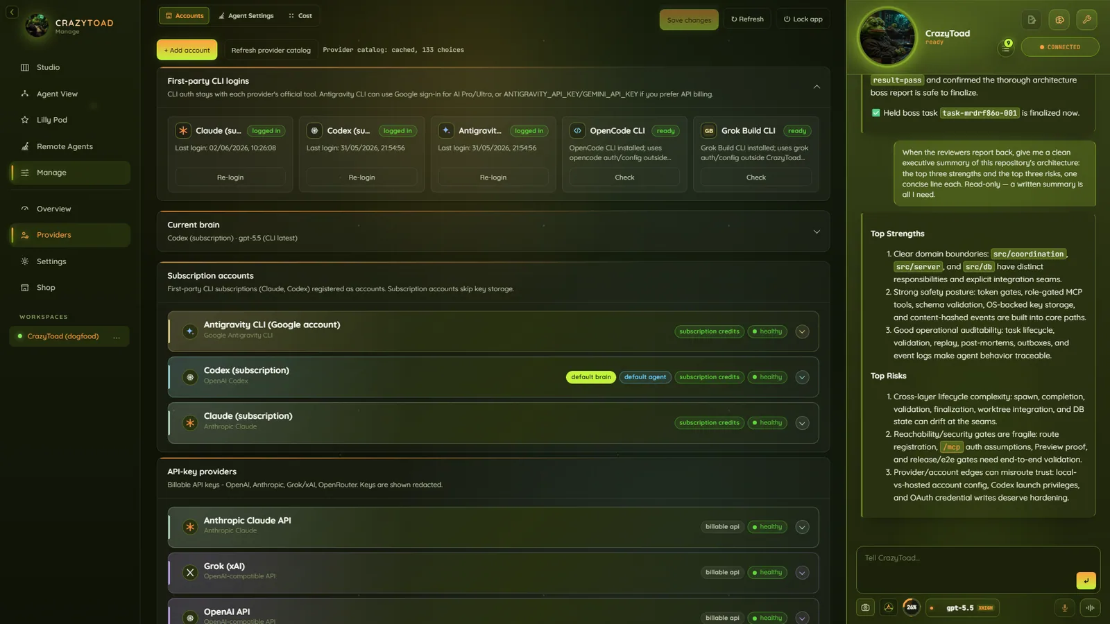 CrazyToad account management page with provider cards and defaults
