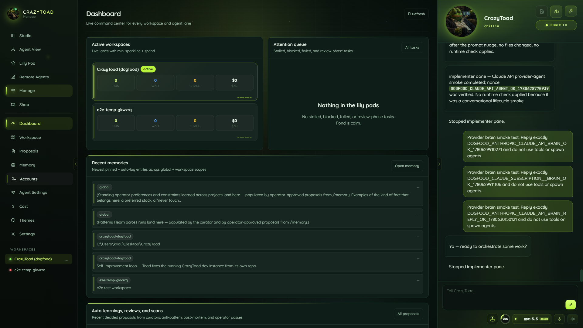 CrazyToad Manage console — Dashboard with workspace, proposals, memory, and cost overview