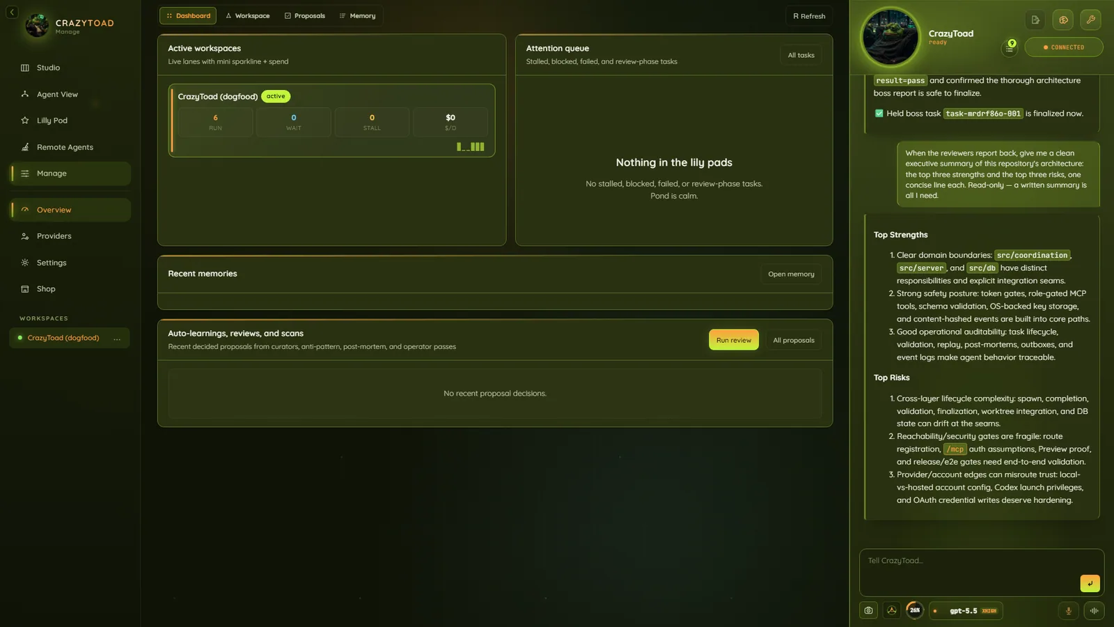 CrazyToad Manage dashboard with workspace status and attention queue