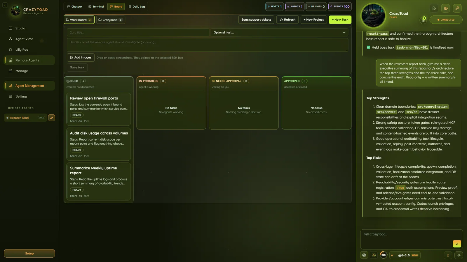 CrazyToad Remote Agents chatbox and overview