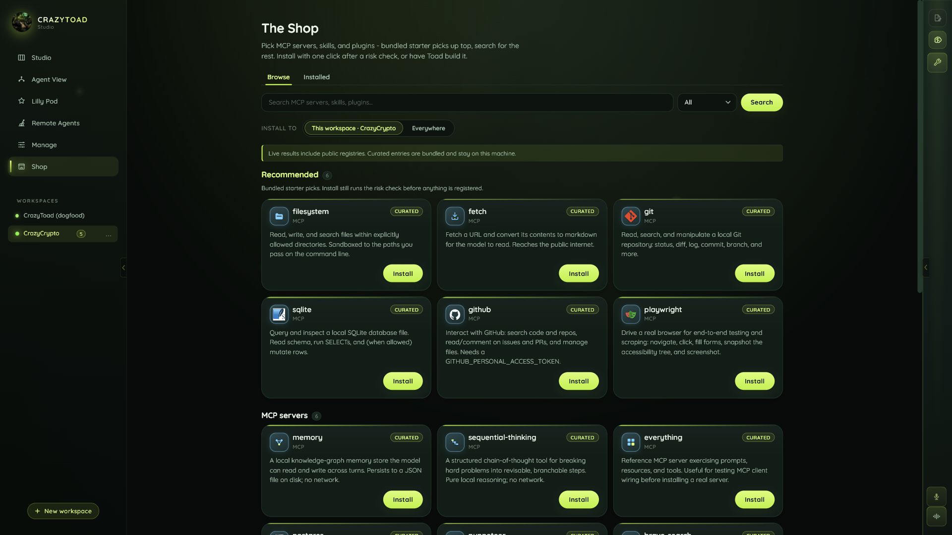 CrazyToad Shop browse and install page