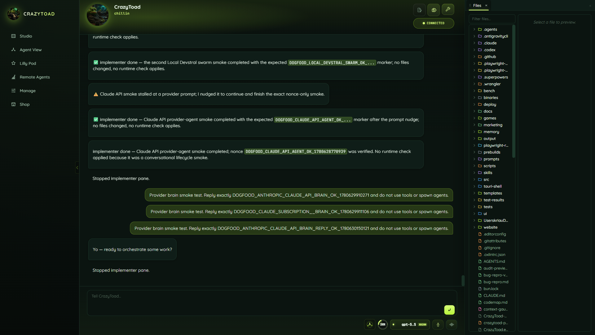 CrazyToad Workbench with the Files panel docked beside the live chat and approvals
