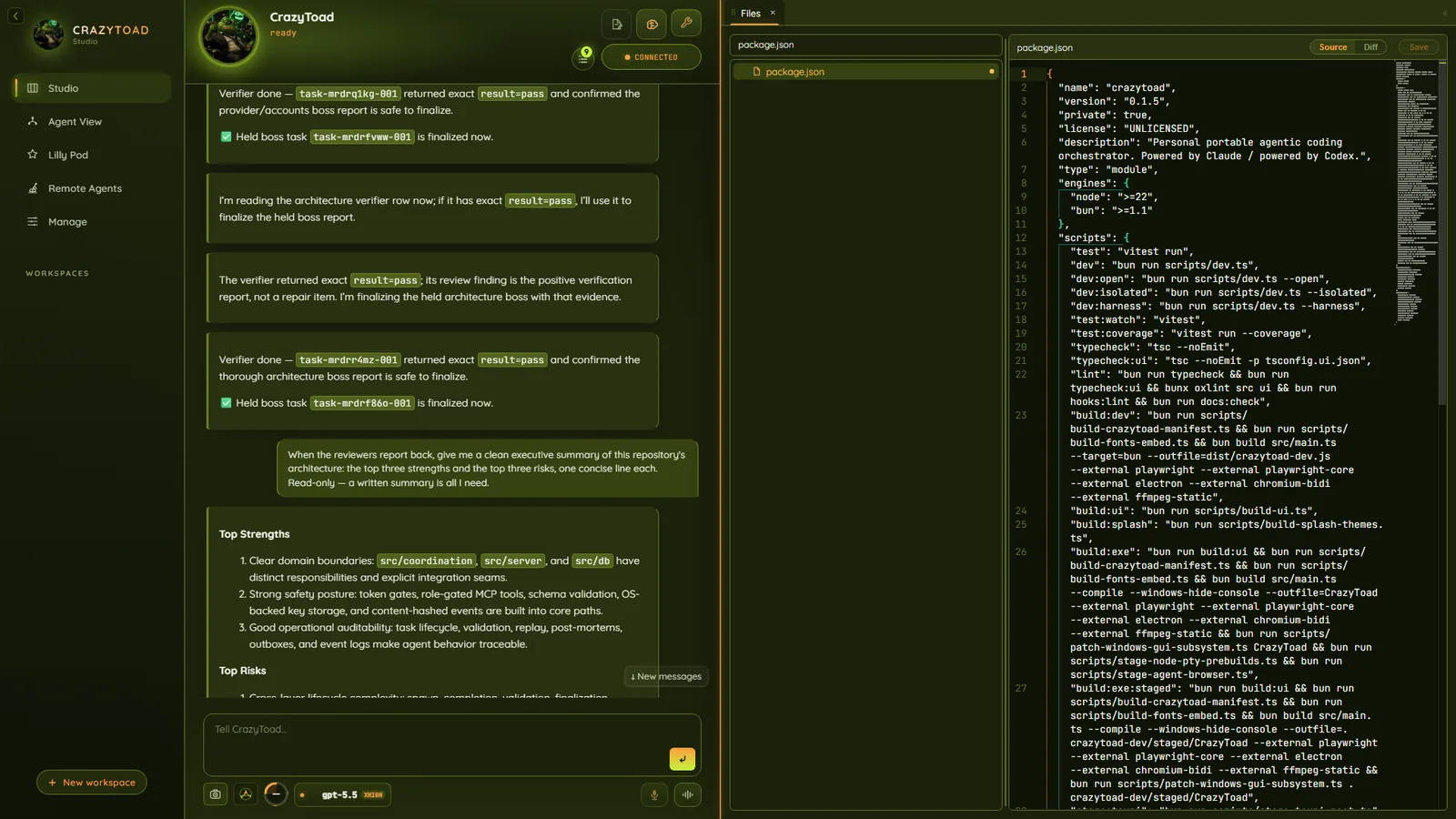 CrazyToad Workbench with the Files panel docked beside the live chat and approvals