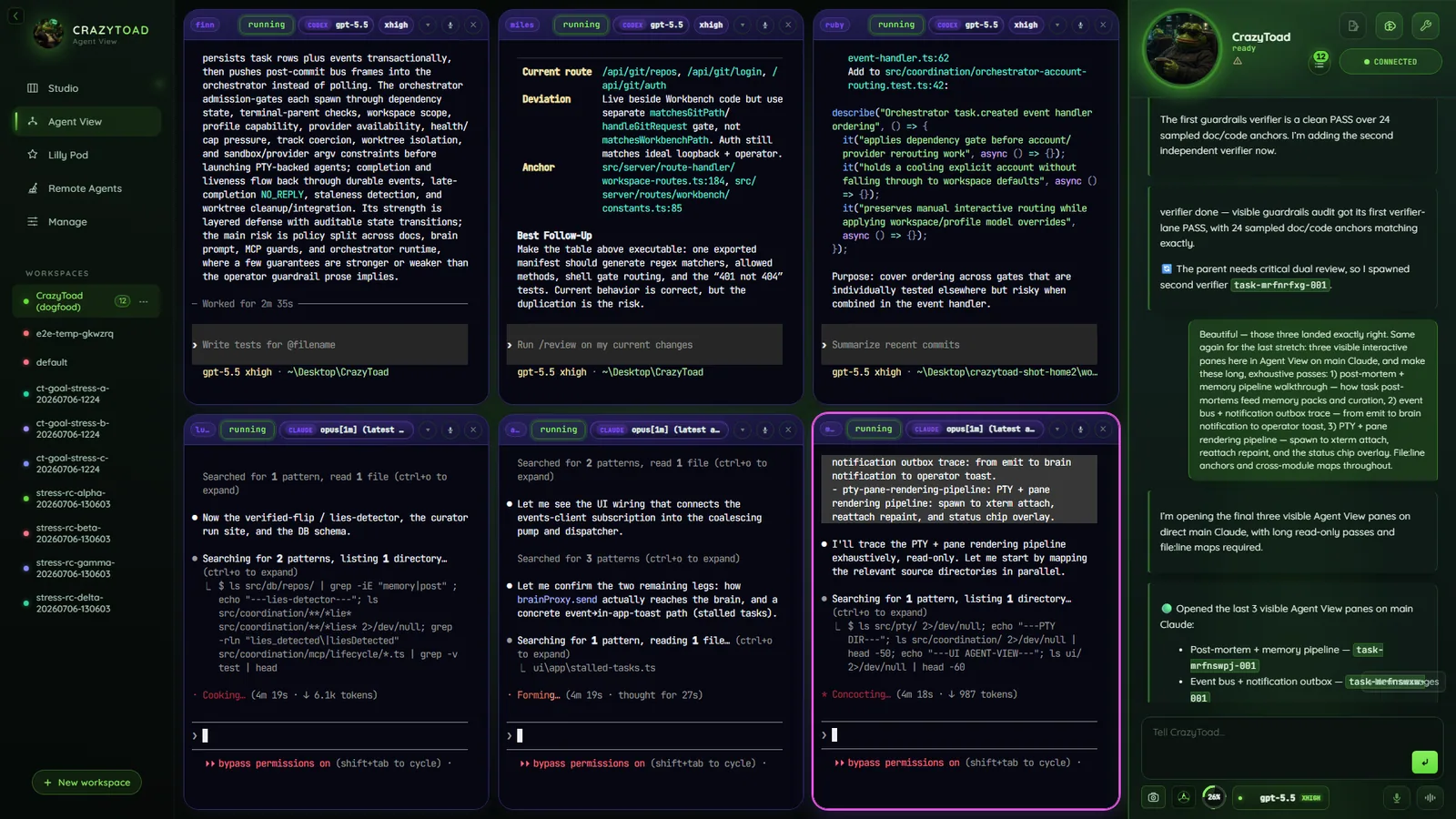 CrazyToad Agent View — manual agent panes laid out in an auto-reflow grid