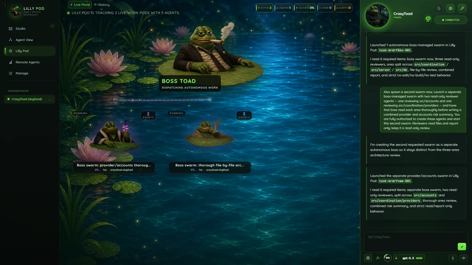 CrazyToad Swarm (Lilly Pod) — the Boss Toad dispatching an autonomous agent swarm across the pond