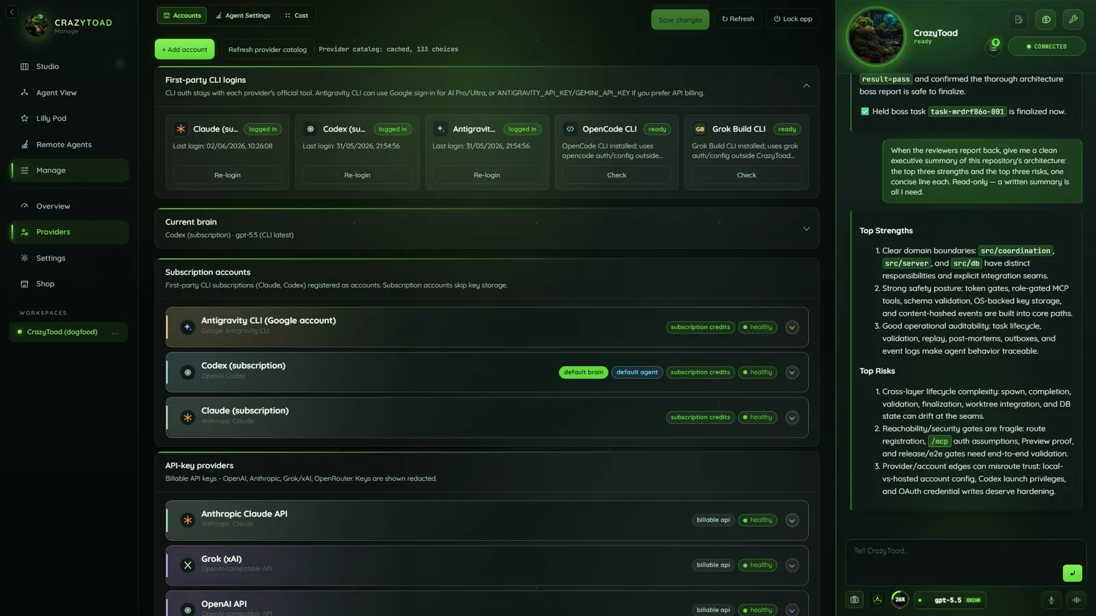 CrazyToad Manage console — Accounts panel for Claude, Codex, Gemini, API, and xAI lanes