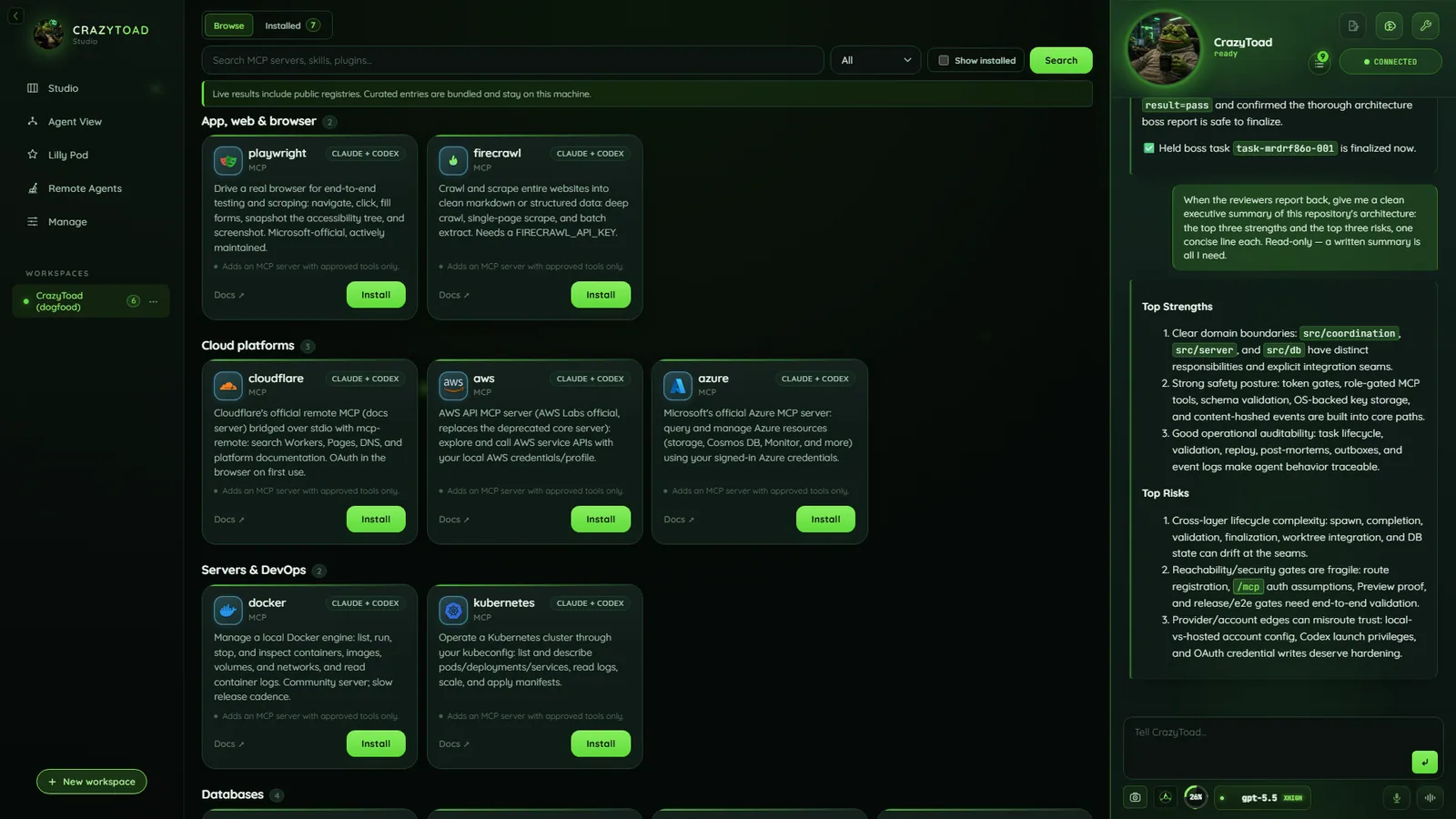 CrazyToad Shop — browse and review MCP servers, skills, and plugins before approving