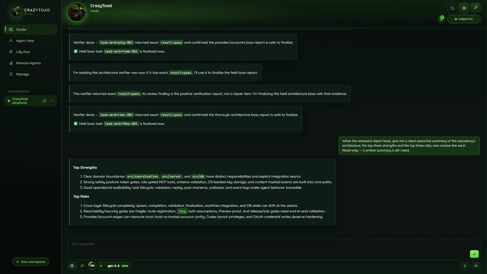 CrazyToad Studio — the chat-first workbench where Toad routes your work